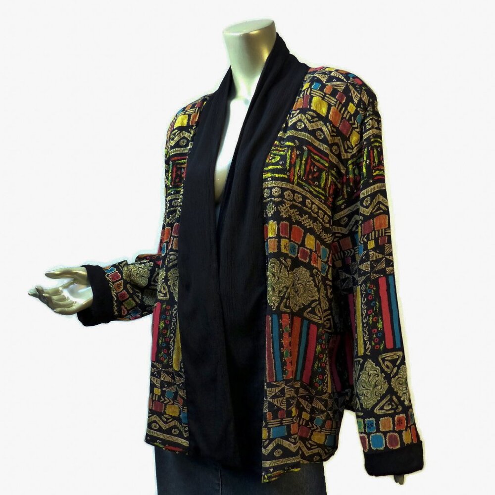 Vintage Delores Bell Kimono Cardi Crinkle Rayon Stained Glass Print - 1X